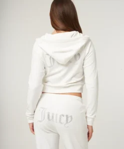 Bright white diamante velour zip-up Tracksuit