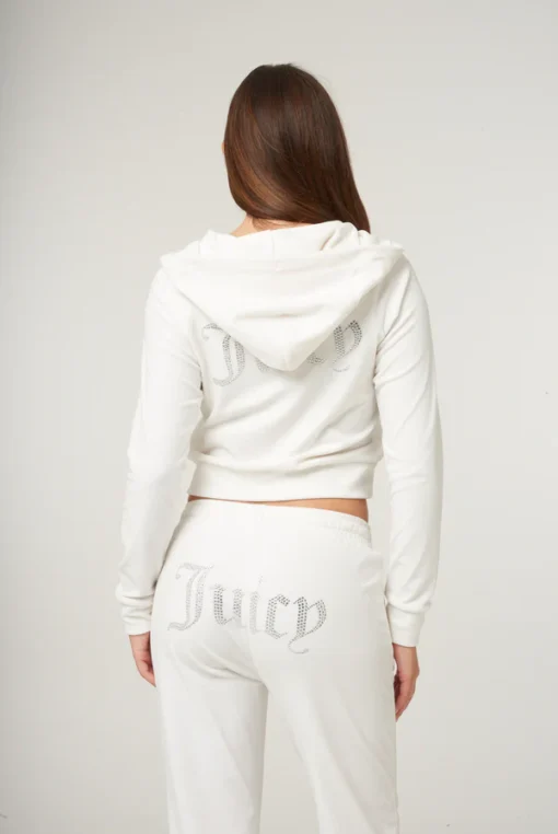 Bright white diamante velour zip-up Tracksuit