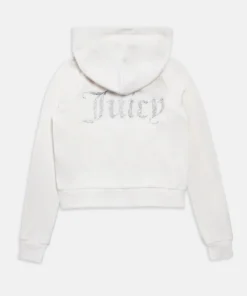 Bright white diamante velour zip-up hoodie