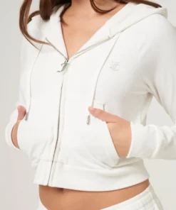 Bright white diamante velour zip-up hoodie