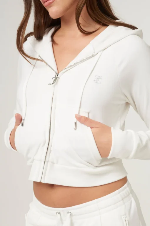 Bright white diamante velour zip-up hoodie